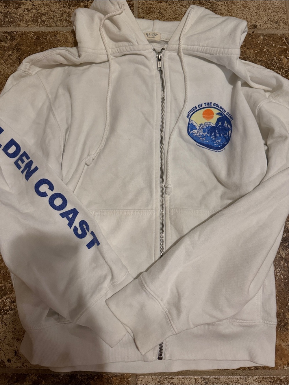 John Galt for Brandi MelviWhite Zip-Up Hoodie with Blue 'Golden Coast' Graphics